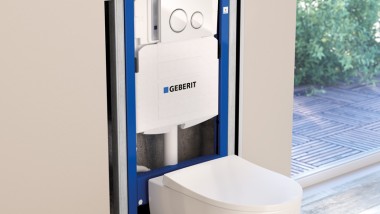 Geberit toilet system shown inside a bathroom wall