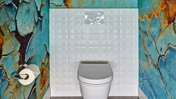 Eye-Popping Bathroom with Geberit in-wall system designed by Nar Bustamante won second place in 2018 NKBA powder room design category